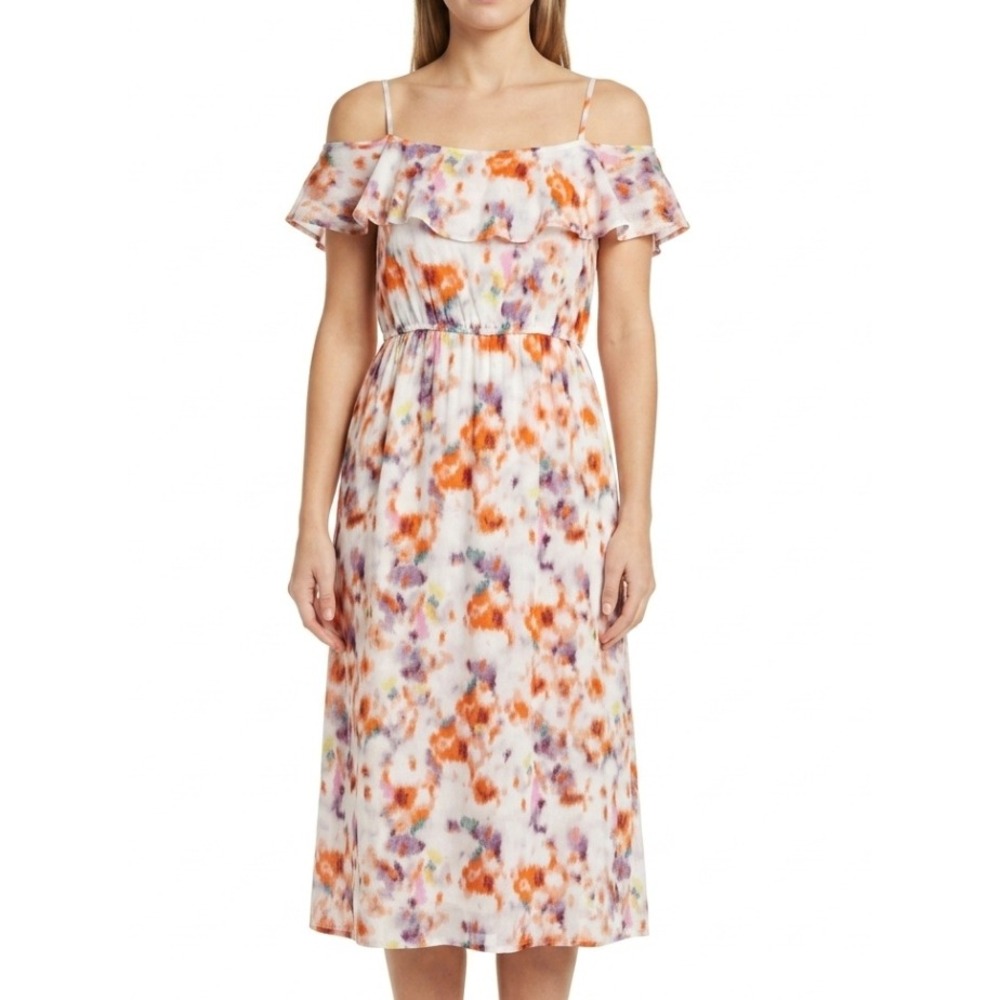 Lucky Brand Dress Women XS Multicolor Floral Cold Shoulder Ruffle Midi Country